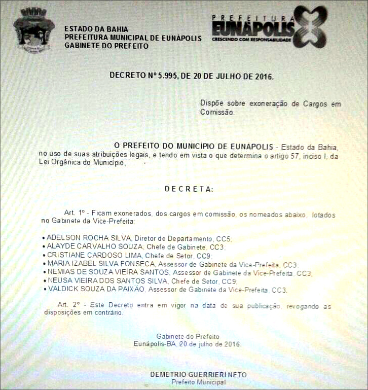 Prefeito de Eunápolis, Neto Guerrieri exonera todos os servidores em comissão e nomeados lotados no Gabinete da vice-prefeita Maria Menezes 6
