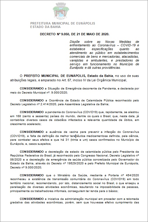 Toque de recolher: Prefeito de Eunápolis decretou a proibição de circulação de pessoas e veículos das 20:00 às 05:00 6