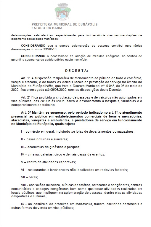 Toque de recolher: Prefeito de Eunápolis decretou a proibição de circulação de pessoas e veículos das 20:00 às 05:00 7