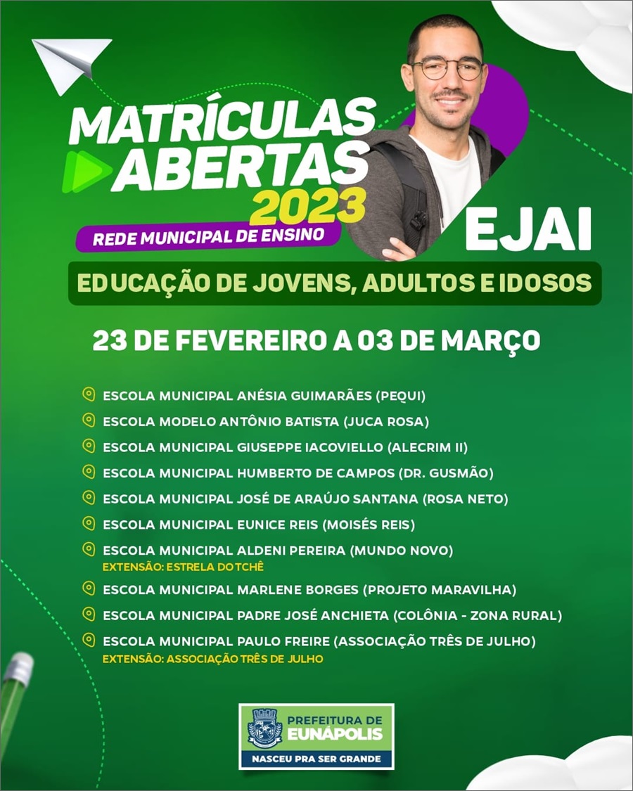 Secretaria de Educação de Eunápolis anuncia a abertura das matrículas para  o ano letivo 2021